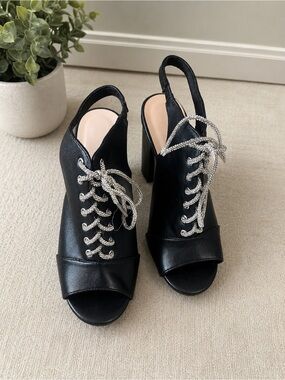 Black Rhinestone Lace-Up Slingback Heeled Sandals